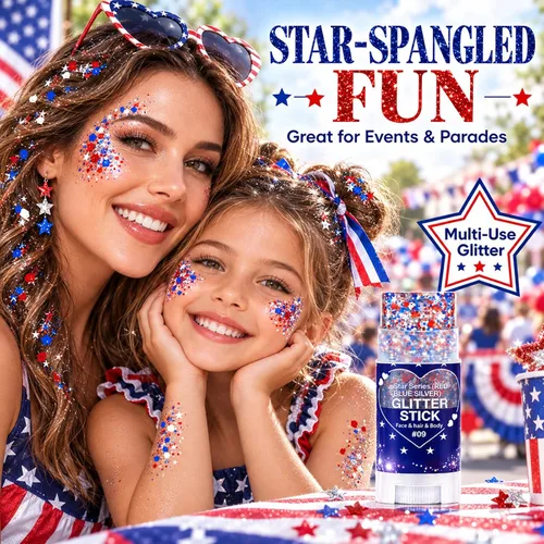 Vista 6 de Go Ho Patriotic Body Glitter Stick, accesorios del 4 de julio, rojo, blanco