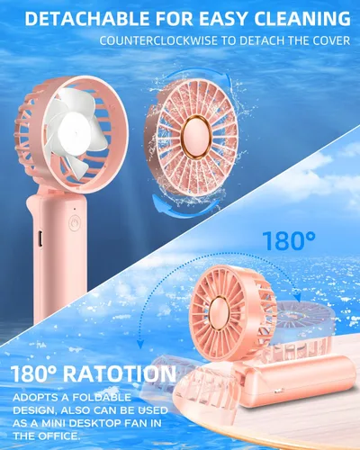 Vista 7 de Ventilador de mano portátil, mini ventilador de escritorio plegable de 2000 mAh, rotación de 180°, 3 velocidades, ultra silencioso, hasta 8 horas