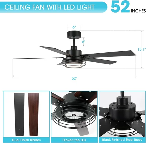 Vista 5 de Ventiladores de techo con luces y control remoto, ventilador de techo de granja de 52 pulgadas para dormitorio, sala de estar, patios, ventiladores