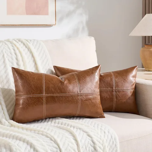Vista 10 de Fancy Homi Paquete de 2 fundas de almohada decorativas de piel sintética a cuadros negros de 16 x 16 pulgadas para sofá cama sofá, estilo rústico