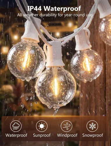 Vista 3 de Guirnalda de luces LED para exteriores, G40, de 25 pies, impermeable, con 27 bombillas inastillables, luces colgantes de decoración de Navidad al