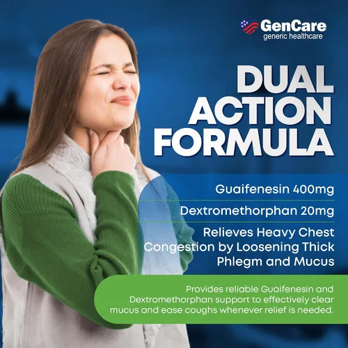 Vista 3 de GenCare - Alivio de mucosidad DM (frasco de 150 unidades) Dextrometorfano HBr 20 mg Guaifenesina 400 mg Alivio genérico de mucosidad DM Pastilla