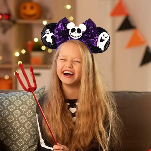 Vista 6 de 4 diademas de orejas de ratón de Halloween, lentejuelas de Halloween, lazos de calabaza, diademas fantasmas para fiestas de cosplay