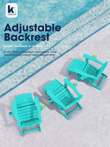 Vista 8 de KINGYES Silla Adirondack plegable ajustable con otomana y 2 portavasos, silla reclinable Adirondack HDPE con reposapiés, Aruba