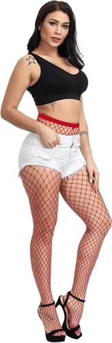 Vista 5 de Pareberry Medias de red de cintura alta para mujer medias sexys con tirantes anchos medias de red para muslos