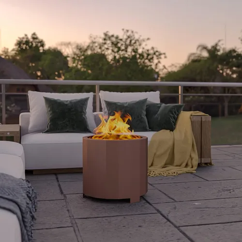 Vista 2 de Flash Furniture Titus - Chimenea de madera de grado comercial, sin humo, acabado de bronce, 19.5 pulgadas, portátil, cubierta impermeable