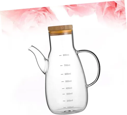 Vista 2 de Ciieeo Olla de aceite de vidrio de borosilicato con tapa de bambú a prueba de fugas y escala de medición, botella dispensadora de aceite de cocina