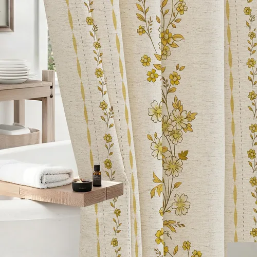 Vista 15 de ORTIGIA Cortinas de ducha negras para baño, juego de cortina de ducha moderna de lino con ganchos de metal, floral, impermeable, vintage, tela