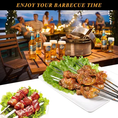Vista 7 de Brochetas de metal para parrilla, paquete de 50 brochetas de 14.8 pulgadas, brochetas planas para barbacoa, juego de brochetas reutilizables