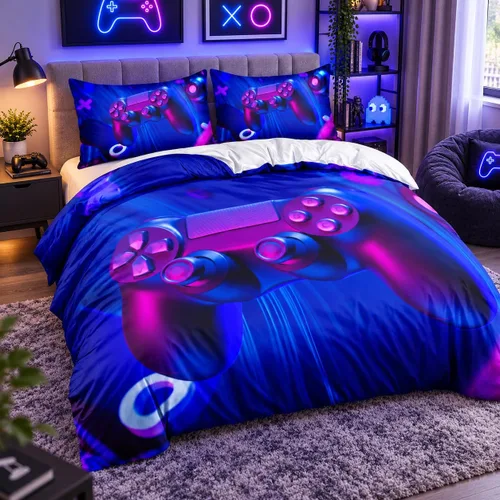 Vista 2 de Juego de funda de edredón de tamaño individual con estampado 3D de Gamepad azul para niños, fundas de edredón y fundas de almohada para dormitorio