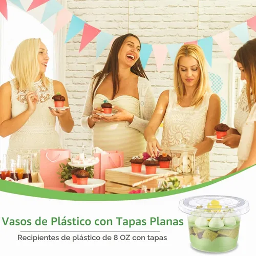Vista 6 de Qyyiguf Paquete de 100 Vasos de Plástico Desechables de 8 OZ con Tapas Planas, Vasos Transparentes para Postre Recipientes de Plástico, Mini
