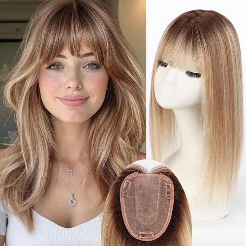 Vista 22 de HAIRCUBE Pelucas de cabello humano 100% con flequillo, densidad 150%, base de seda, clip en la parte superior, pelucas de cabello superior