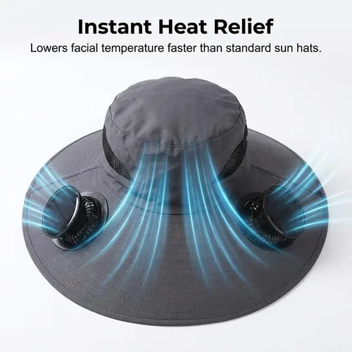 Vista 3 de Sombrero de ventilador alimentado por energía solar, con 2 ventiladores de carga solar USB extraíbles, sombrero de ala ancha para pesca al aire