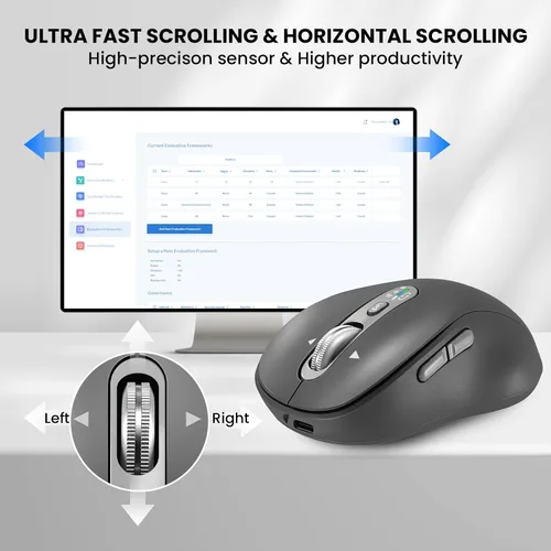 Vista 3 de Ratón Bluetooth inalámbrico, mouse Ergo para computadora multidispositivo, desplazamiento estupendo de metal de 4 vías, ± 3200 DPI, 10 botones, Plug