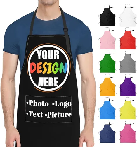 Vista 10 de Delantales de cocina personalizados para hombres y mujeres con bolsillos, personalizable, foto, logotipo, imagen, nombre, chef cocinero, delantal