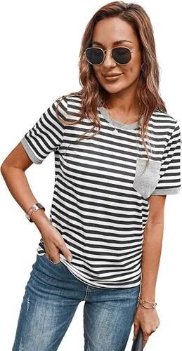 Vista 3 de SweatyRocks Camiseta casual para mujer, cuello redondo, a rayas, manga corta, con bolsillo