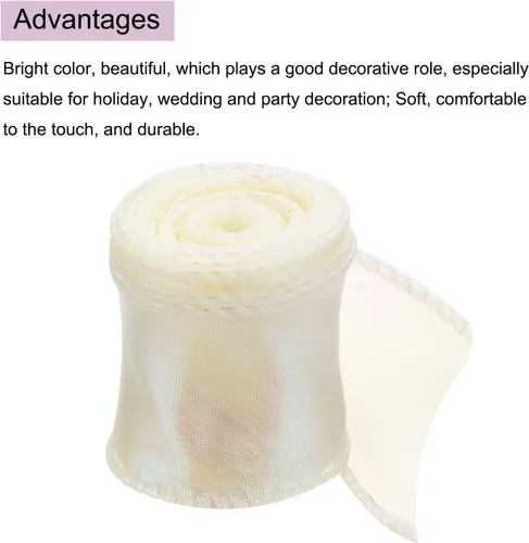 Vista 3 de MECCANIXITY - Cinta de organza con cable de 1 1/2" de ancho, brillante, transparente, con brillo irisado en tonos pastel, cinta de gasa para Beige