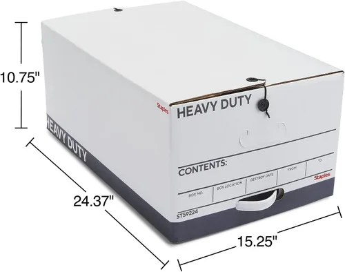 Vista 6 de STAPLES Caja de archivos resistente, tapa de cuerda y botón, legal, blanco/gris, paquete de 4