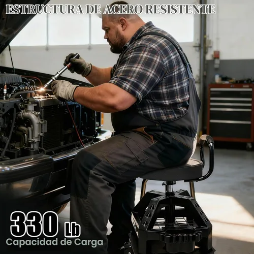 Vista 7 de Taburete rodante de taller con ruedas, taburete mecánico de trabajo de garaje resistente con respaldo, altura ajustable, silla giratoria de 360°