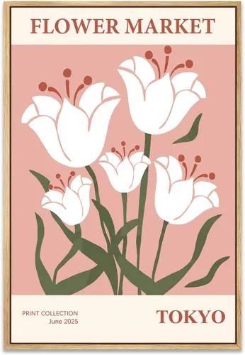 Vista 18 de Zzuyi Lienzo enmarcado para mercado de flores, arte de pared, póster botánico de flores silvestres rosas, impresiones de imágenes, ilustraciones