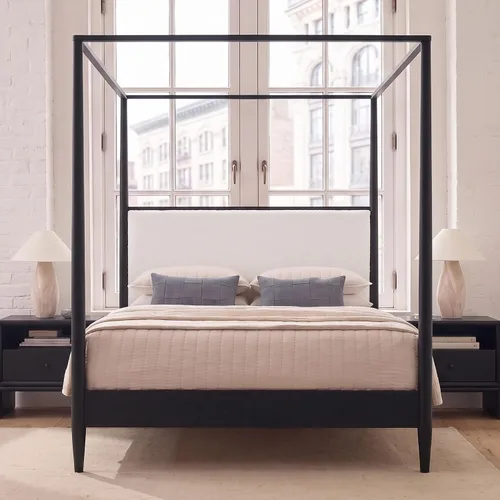 Vista 41 de Cama de plataforma con dosel de 4 pósteres de tamaño matrimonial con cabecero de listones verticales Negro-8.1