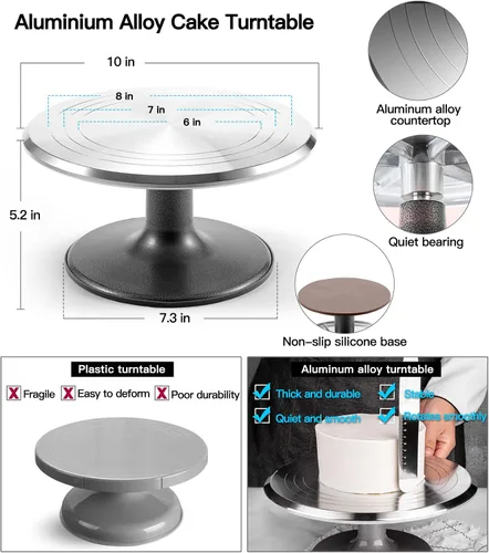 Vista 2 de Soporte giratorio y portador de pasteles de aleación de aluminio, kit de 268 piezas con 54 puntas de tubería, discos acrílicos para tartas, varias