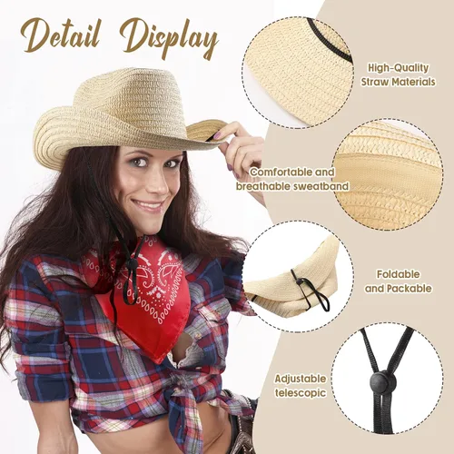 Vista 6 de Unittype Juego de 6 sombreros de vaquero de paja con bandanas, paquete de accesorios de fiesta de vaquero, disfraz clásico de sombrero de vaquero