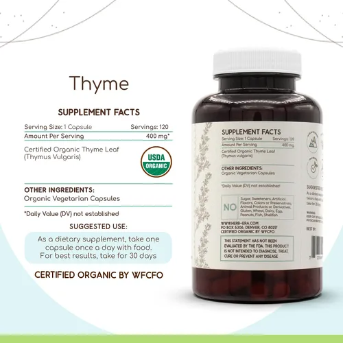 Vista 3 de HerbEra Tomillo 800 mg Cápsulas veganas orgánicas USDA Apoyo respiratorio y digestivo, hoja seca de timo vulgar Suplemento de hierbas