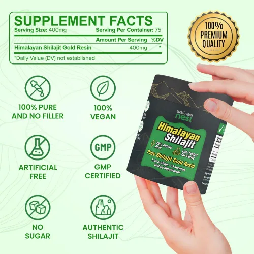 Vista 6 de Wellness Nest Resina de Shilajit Puro del Himalaya de Grado Oro: Potencia Máxima para Hombres y Mujeres - Oro 24k, Ácido Fúlvico +75%, Informe