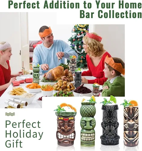 Vista 5 de LINALL Tiki Mugs - Juego de 8 tazas de cóctel de cerámica hawaiana Luau para fiesta, vasos de cóctel exóticos, Tiki Bar profesional hawaiano
