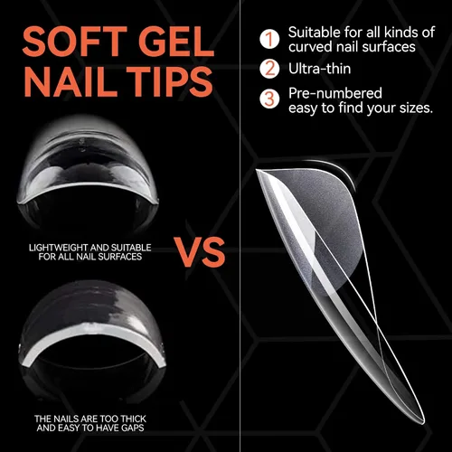Vista 2 de Vanfa Punta de gel suave para extensiones de uñas, puntas de uñas a presión, puntas de cobertura completa (transparente - almendra mediana)