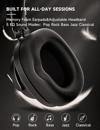 Vista 6 de AOC Auriculares Bluetooth sobre la oreja, monitor de estudio inalámbrico y auriculares DJ mezcladores con tiempo de reproducción de 72 horas, Negro