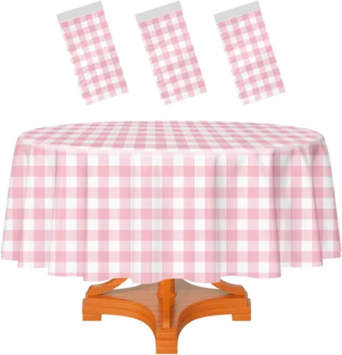 Vista 17 de HEIPINIUYE - Paquete de 2 manteles redondos de 84 pulgadas de plástico beige, manteles de mesa impermeables desechables para redondas, ideales