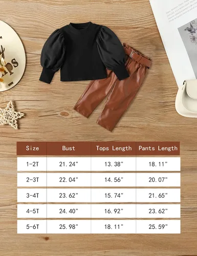 Vista 6 de DONWEN Conjunto de ropa de manga abombada para niñas pequeñas + pantalones de cuero, 2 piezas de ropa de otoño para niñas
