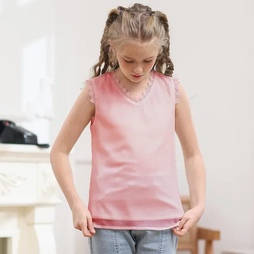 Vista 2 de Blusas de gasa de encaje de manga corta para niñas, sueltas, suaves, lindas, casuales, con cuello en V