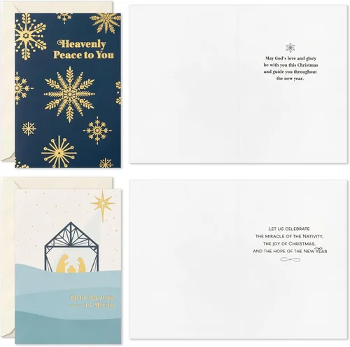 Vista 5 de Hallmark Surtido de tarjetas religiosas de Navidad, paz celestial (36 tarjetas y sobres) Azul polvoriento y lámina dorada