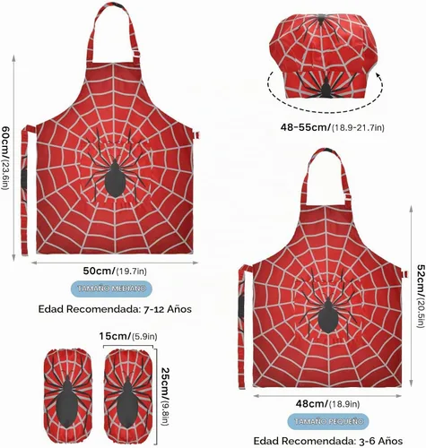 Vista 2 de Juego de delantales, sombrero de chef y delantal rojo de telaraña de Halloween (3-12 años)