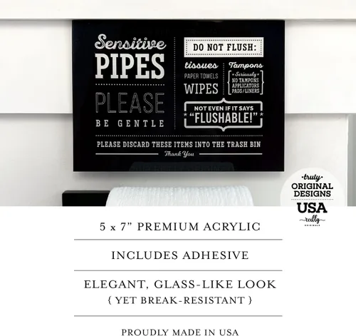 Vista 4 de Reilly Originals Letrero de Baño de Diseño "Sensitive Pipes" de 5x7 Pulgadas ~ Listo para Pegar, Apoyar o Enmarcar ~ Acrílico Plexiglás Premium