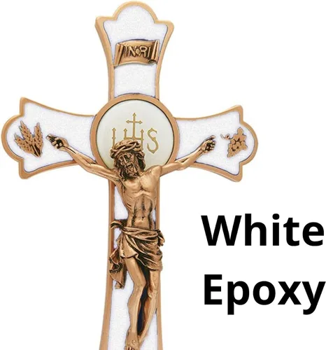 Vista 6 de Jeweled Cross First Communion Holy Mass Crucifix con cruz de pared de cáliz, 8 pulgadas de altura, tono dorado y blanco, epoxi