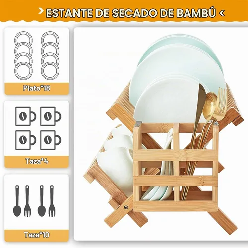 Vista 8 de Escurridor de platos de bambú, estante plegable de 2 niveles con soporte para utensilios, estante de secado de platos de madera para encimera