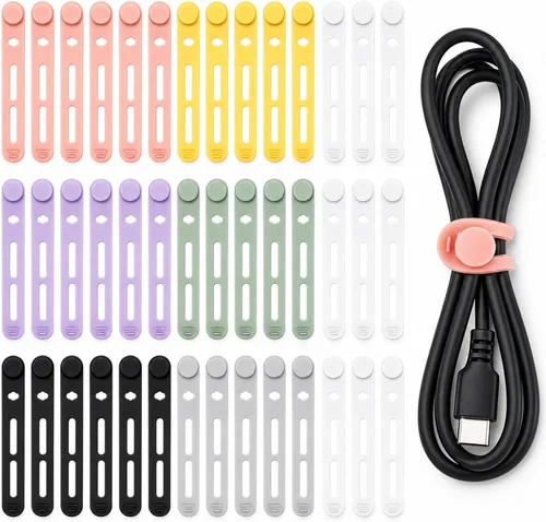 Vista 16 de Tellegloww 42 piezas de bridas de cable de silicona reutilizables, correas de cordón elásticas multiusos para agrupar y sujetar auriculares