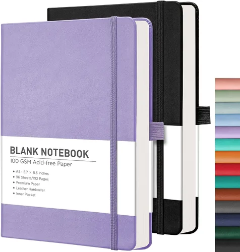 Vista 46 de RETTACY Lined Journal Notebook, 192 Numbered Pages per Pack, 5.7'' x 8.3'' 2-Pack, Leather Hardcover, 100 GSM Thick Paper, for Men & Women, Negro