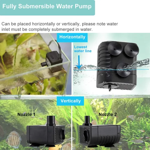 Vista 7 de hygger Mini bomba de agua sumergible ultra silenciosa de 53 GPH (200 L/H, 3 W), viene con 2 boquillas, para acuarios, pecera, fuente, hidroponía