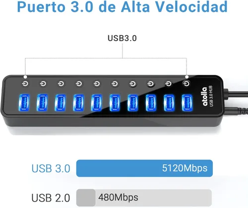 Vista 3 de Concentrador USB 3.0 alimentado, divisor de concentrador de datos USB de 10 puertos con interruptores individuales de encendido/apagado y adaptador