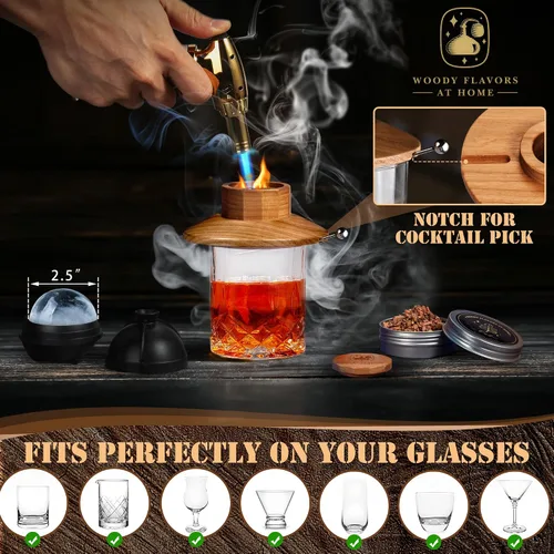 Vista 4 de Kit de ahumador de cóctel antiguo para whisky, bourbon y bebidas con ahumador de cereza, sabores de virutas de madera natural, antorcha culinaria