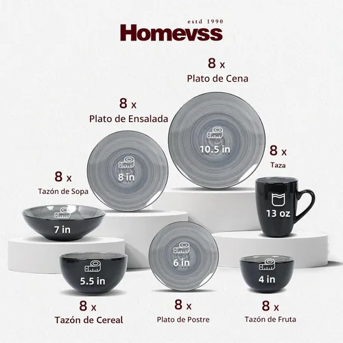 Vista 2 de HomeVss, juego de vajilla de gres Sonoma, negro + moteado, apto para lavavajillas (juego de 56 piezas, gris)
