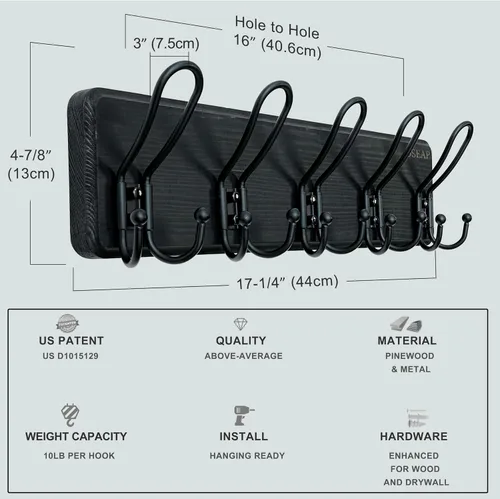 Vista 5 de Dseap Perchero para Abrigos Montado en Pared - Perchero Resistente de Estilo Granja Rural con 5 Ganchos de Alambre para Ropa, Sombrero, Chaqueta