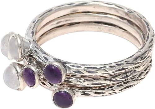Vista 2 de NOVICA Anillos apilables artesanales hechos a mano con piedra lunar y amatista, plata de ley 925, piedra natal india, piedra natal 'Mystic Union