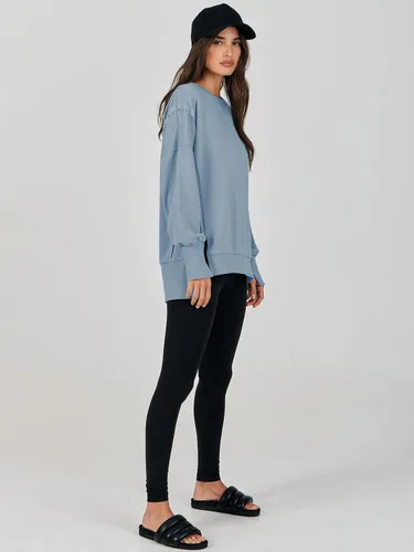 Vista 8 de LOGENE Sudadera de gran tamaño para mujer, cuello redondo, manga larga, casual, con abertura, ropa de otoño 2023