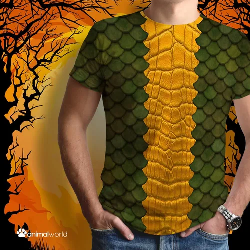 Vista 4 de playera de Halloween Disfraz de dragón verde All Over para adultos
